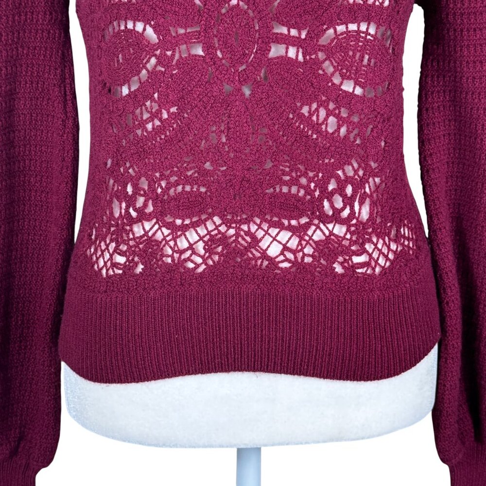 Joie Burgundy Embroidered Knit Puff Sleeve Sweater Sheer Front Size S - Picture 5 of 11